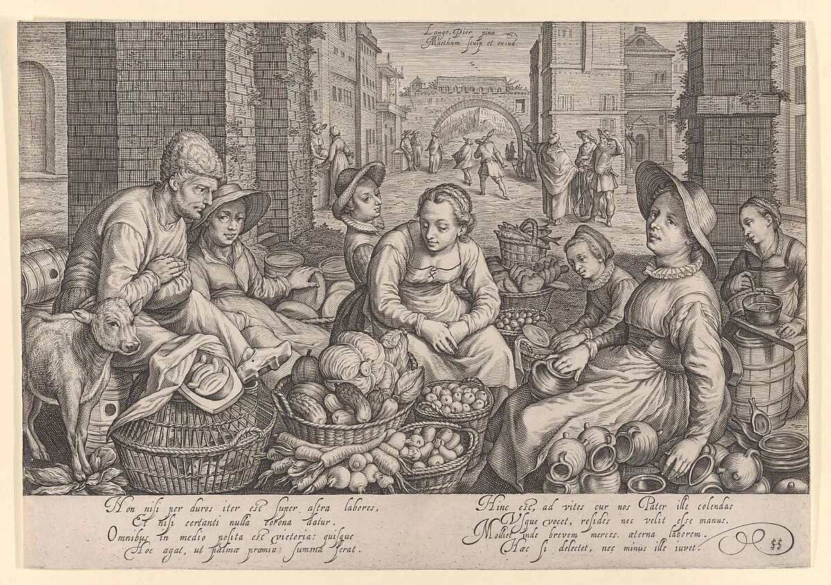 Market Scene in City with the Parable of the Laborers in the Vineyard in the Background — Jacob Matham|Pieter Aertsen