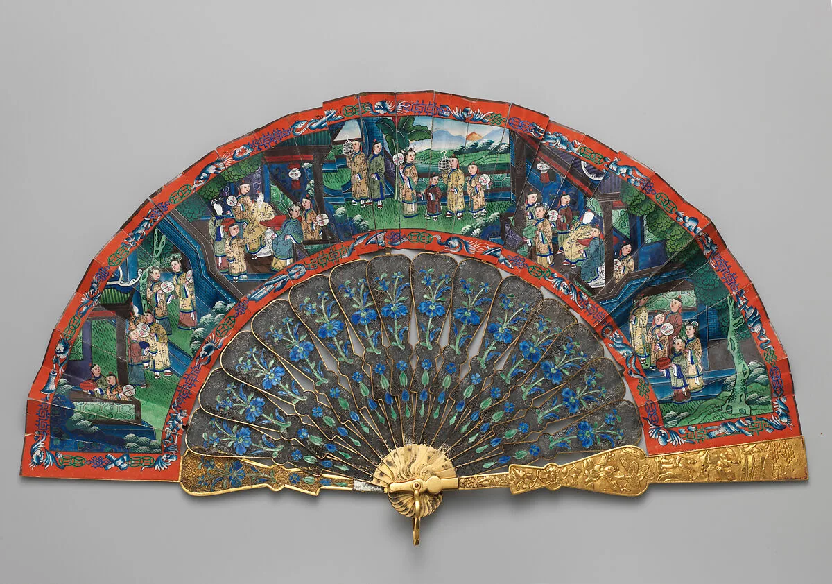 Folding Fan with Scene of Figures in a Courtyard Garden — Unknown