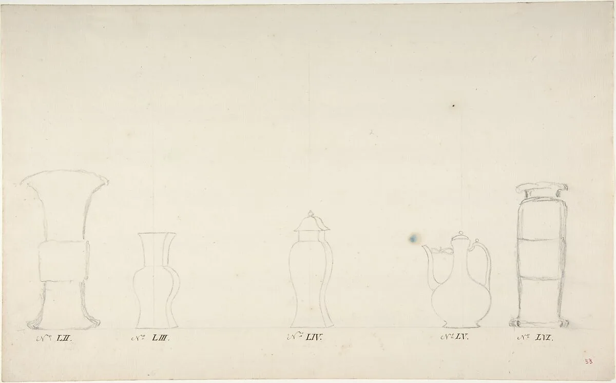 Design for Four Vases and a Teapot — Anonymous, French, 18th century