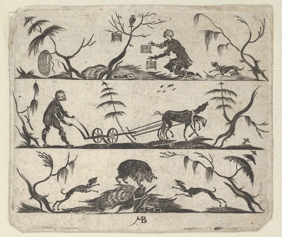 Blackwork Design for Goldsmithwork with a Bee-Keeper, a Farmer and a Boar — Mathais Beitler