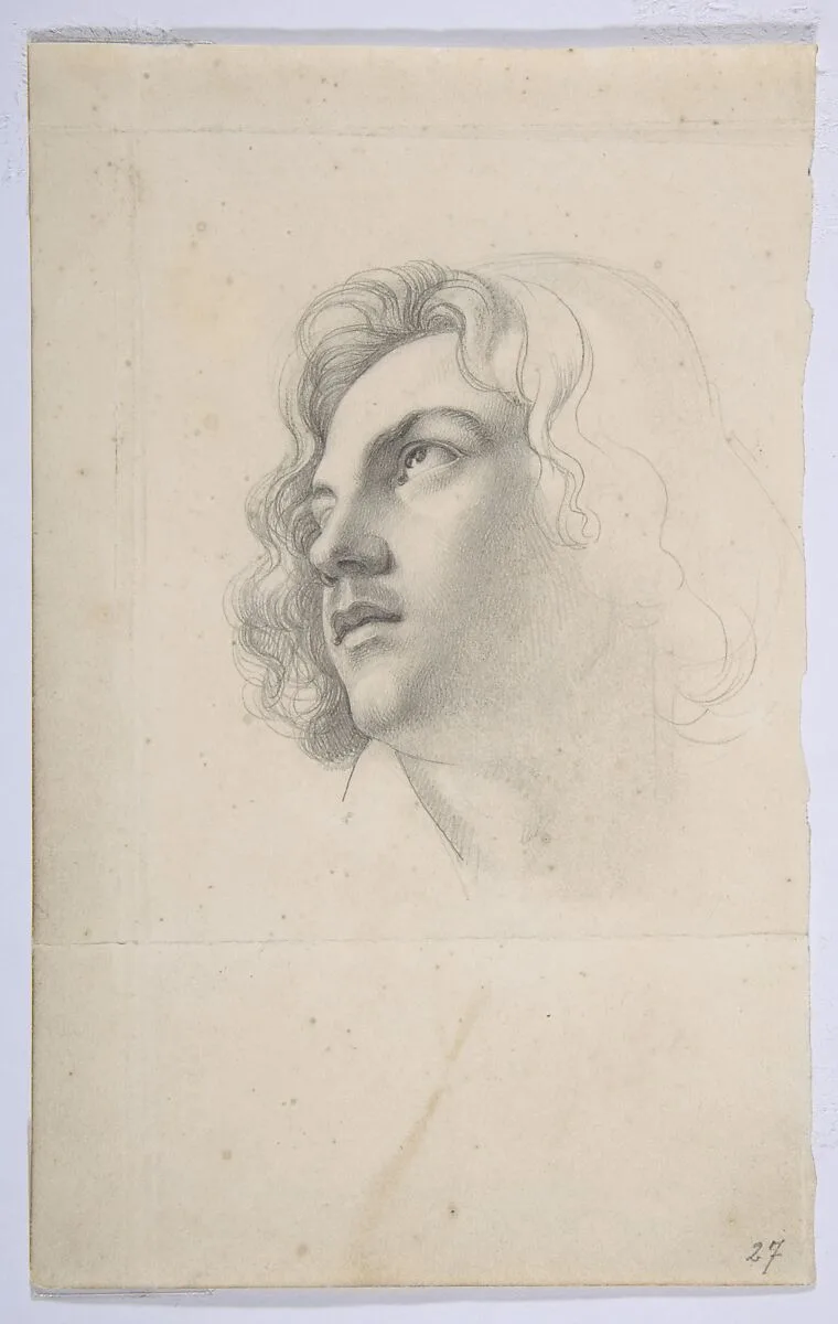 Portrait of Alfred Rethel, looking up; verso: Studies of two heads — Heinrich Karl Anton Mücke