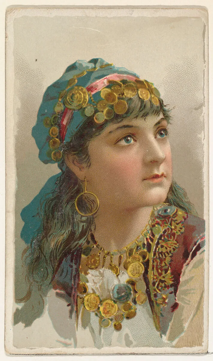 Actress wearing cloth headpiece decorated with gold coins, from Stars of the Stage, First Series (N129) issued by W. Duke, Sons & Co. to promote Honest Long Cut Tobacco — Knapp & Company|W. Duke, Sons & Co.