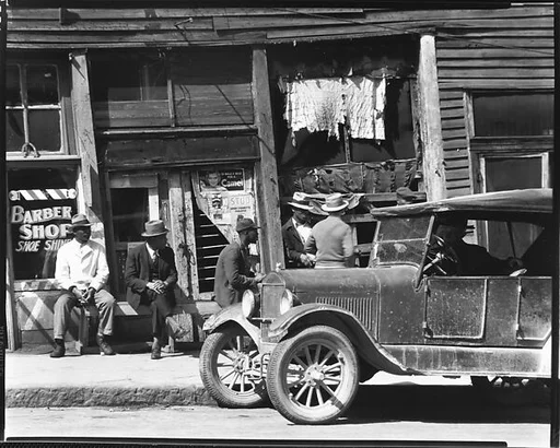 [Street Scene with Pedestrians in Front of Barber Shop, Vicksburg, Mississippi]