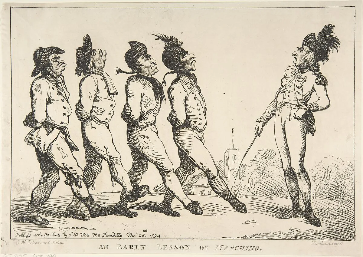 An Early Lesson of Marching — Thomas Rowlandson|S. W. Fores|George Murgatroyd Woodward