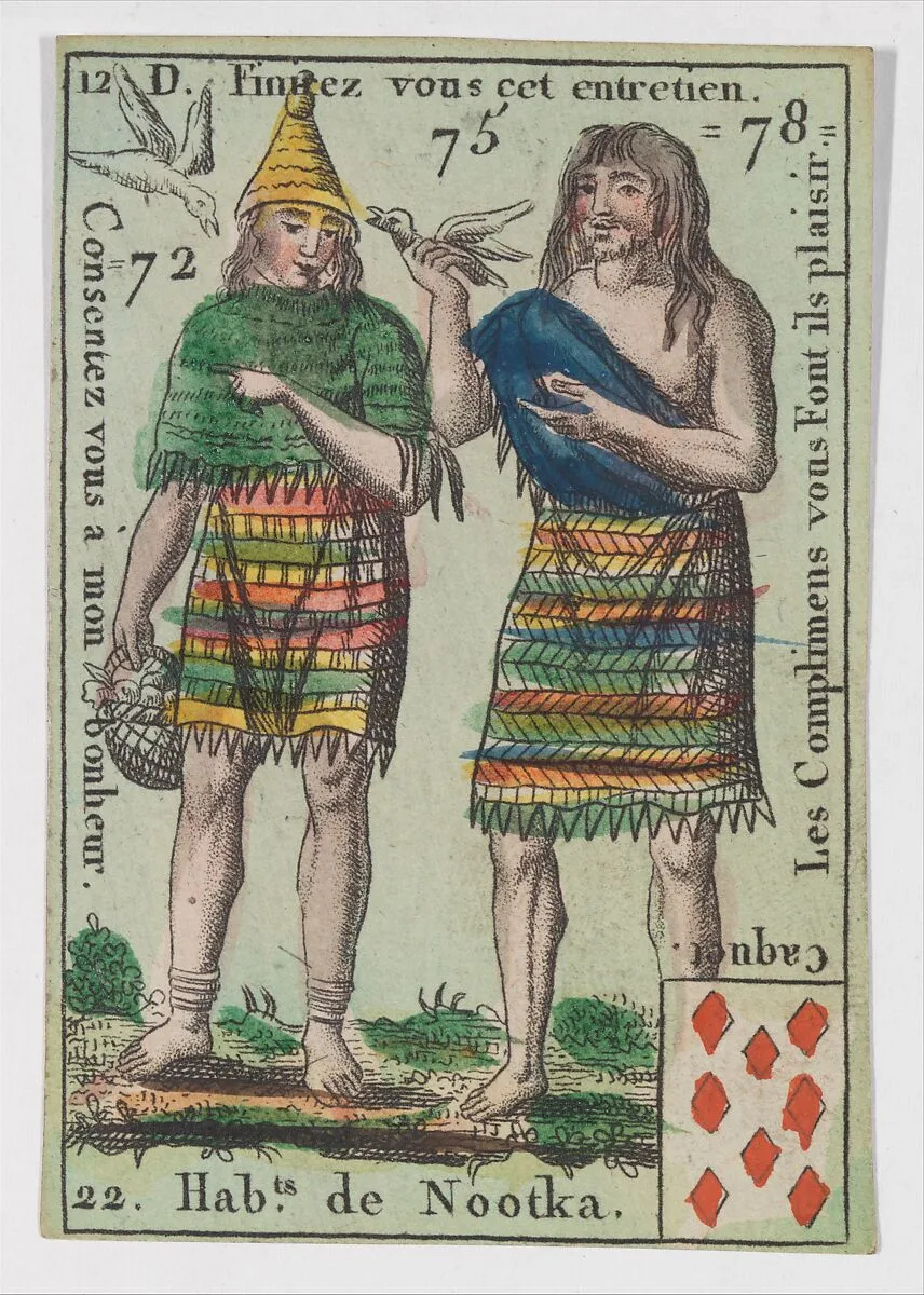 Hab.t de Nootka, from the playing cards (for quartets) "Costumes des Peuples Étrangers" — Anonymous, French, 18th century
