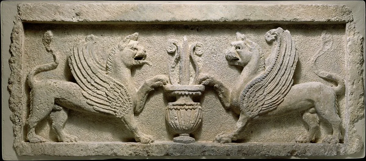 Door lintel with lion-griffins and vase with lotus leaf — Unknown