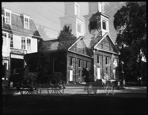 [Double Exposure: Horse-Drawn Carriage in Front of General Store and Post Office, Plainfield, New Hampshire]