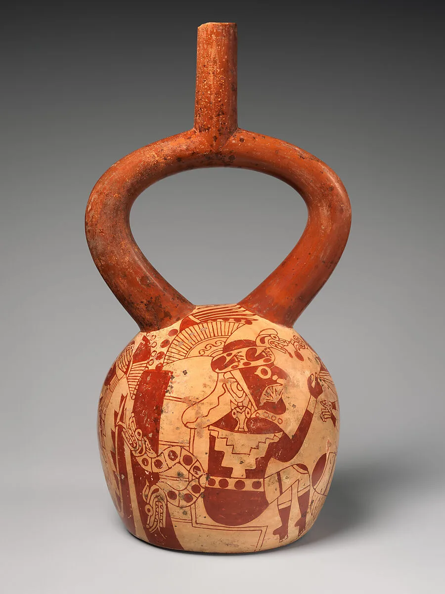 Stirrup-spout bottle with confronting figures — Unknown