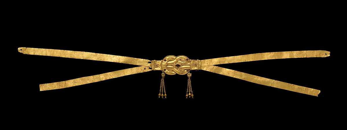 Gold cross-strap diadem with a Herakles knot set with five garnets — Unknown