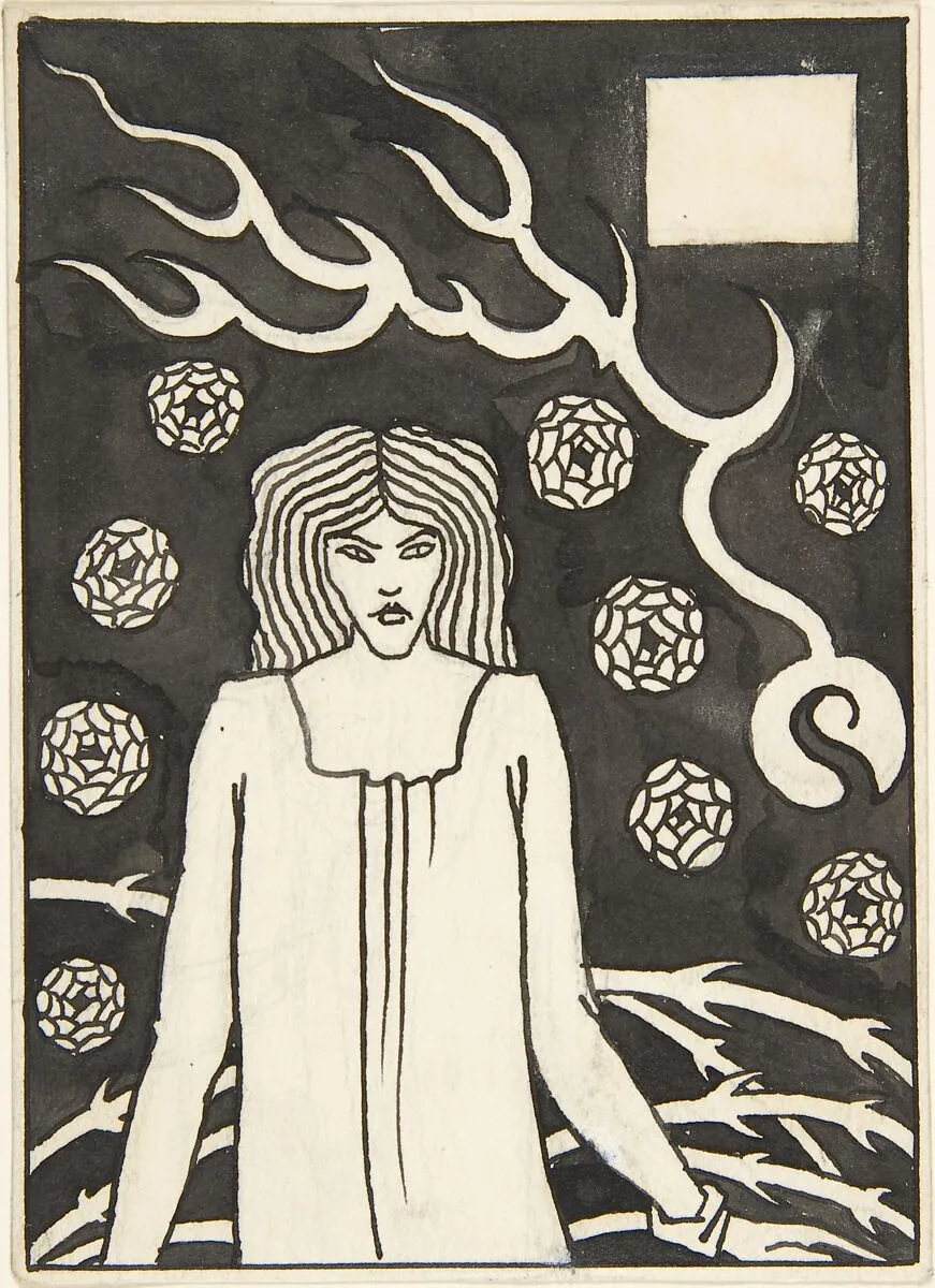 Young Woman Surrounded by Briars, Lightning and Roses (Chapter Heading, "Le Morte d'Arthur," J. M. Dent 1893–94, Part III, book vi, chapter xvii, p. 215 and Part VII, book x, chapter xxii, p. 500) — Aubrey Vincent Beardsley|Sir Thomas Malory