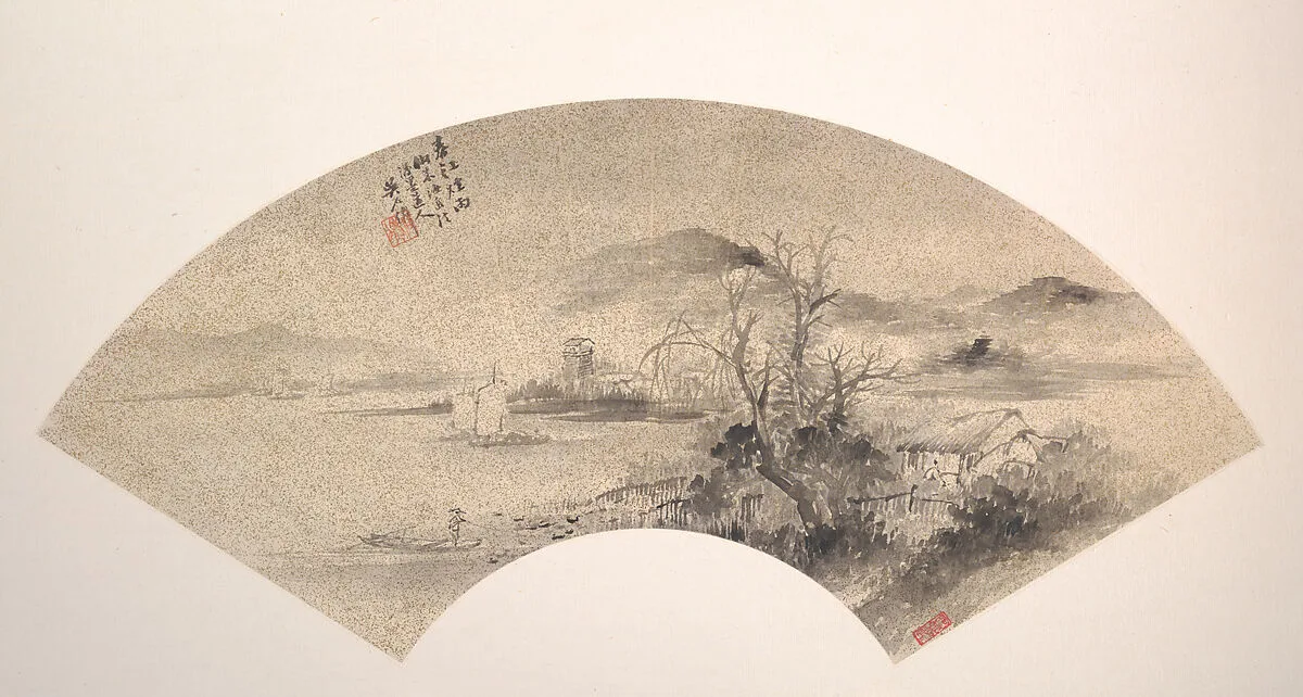 近代 吳石僊 春江煙雨 扇面|Misty Rain on the River in Spring — Wu Shixian