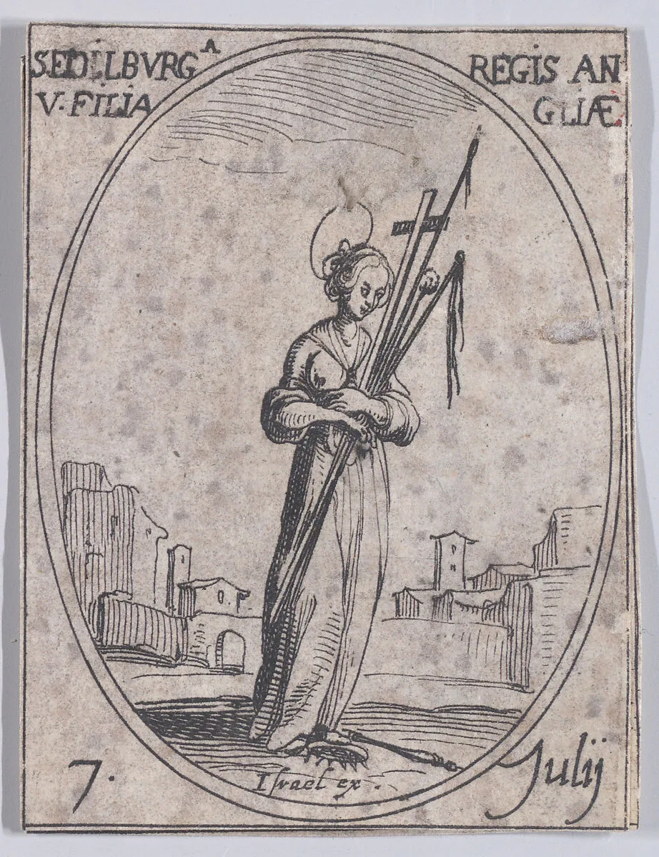 Ste. Edilburge, fille du roi d'Angleterre (St. Ethelburga, Daughter of the King of England), July 7th, from "Les Images De Tous Les Saincts et Saintes de L'Année" (Images of All of the Saints and Religious Events of the Year) — Israël Henriet|Jacques Callot