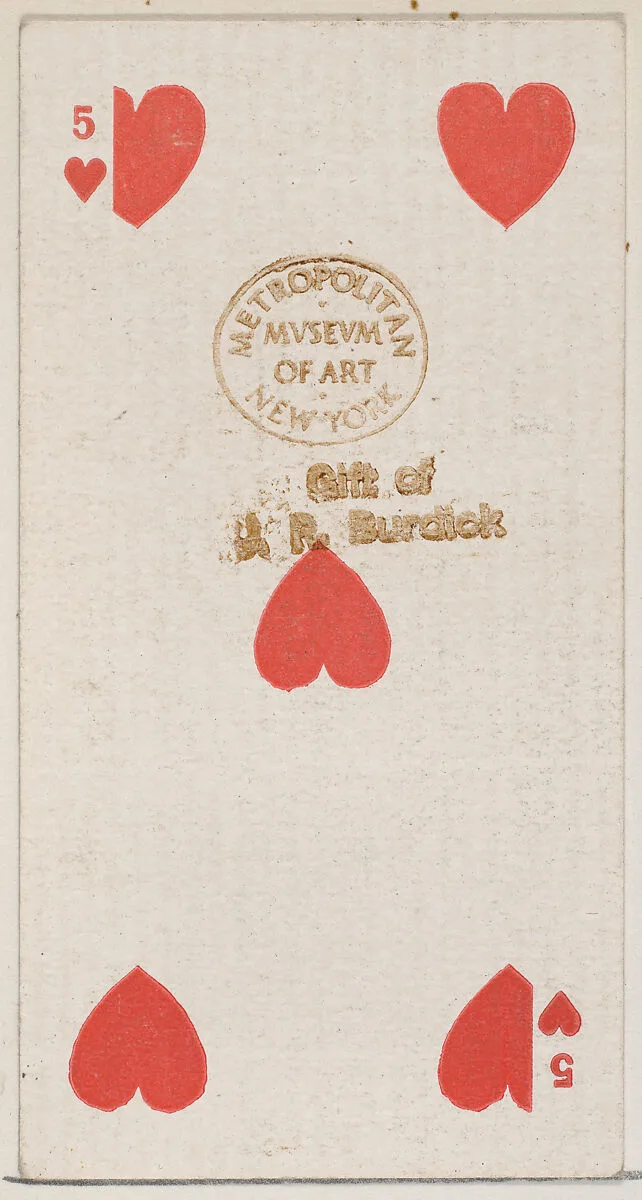 Five Hearts (red), from the Playing Cards series (N84) for Duke brand cigarettes — W. Duke, Sons & Co.