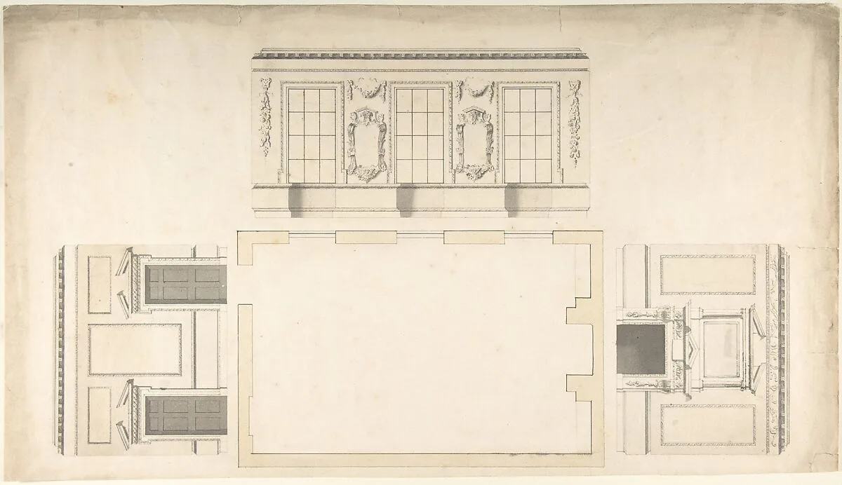 Room Design Showing Plan and Three Wall Elevations — Anonymous, British, 18th century