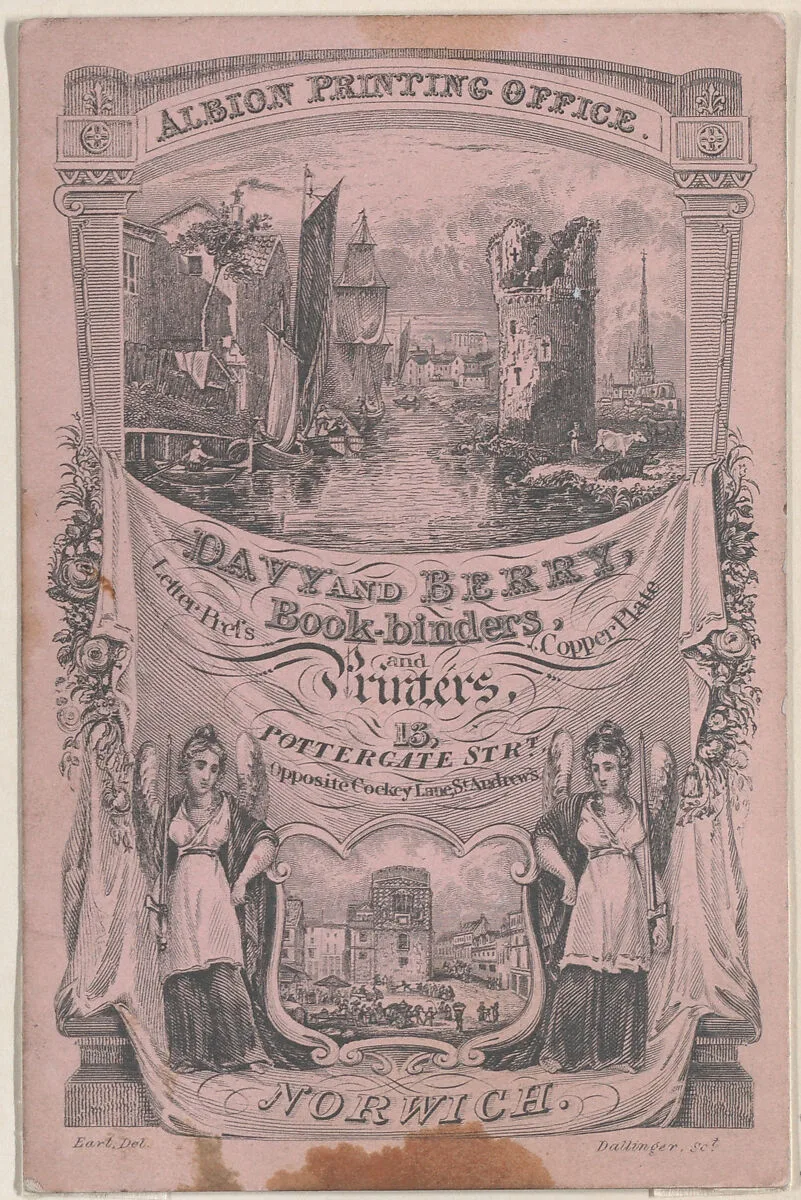 Trade card for Davy and Berry, Book-Binder and Printer — Joseph Stephen Dallinger