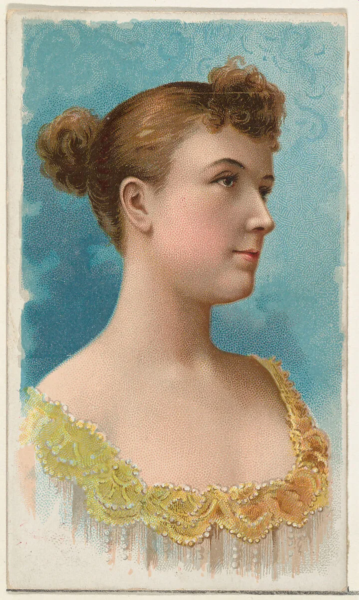 Actress wearing yellow beaded bodice, from Stars of the Stage, First Series (N129) issued by W. Duke, Sons & Co. to promote Honest Long Cut Tobacco — Knapp & Company|W. Duke, Sons & Co.