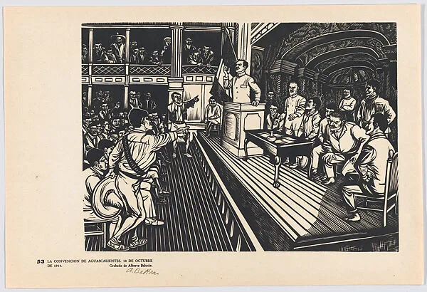 Plate 53: the Convention of Aguascalientes on 10 October 1914, from the portfolio 'Estampas de la revolución Mexicana' (prints of the Mexican Revolution) — Taller de Gráfica Popular|Alberto Beltrán