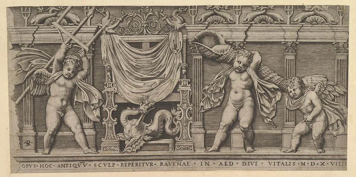 Speculum Romanae Magnificentiae: Bas-Relief with Three Cupids — Marco Dente|Raphael (Raffaello Sanzio or Santi)