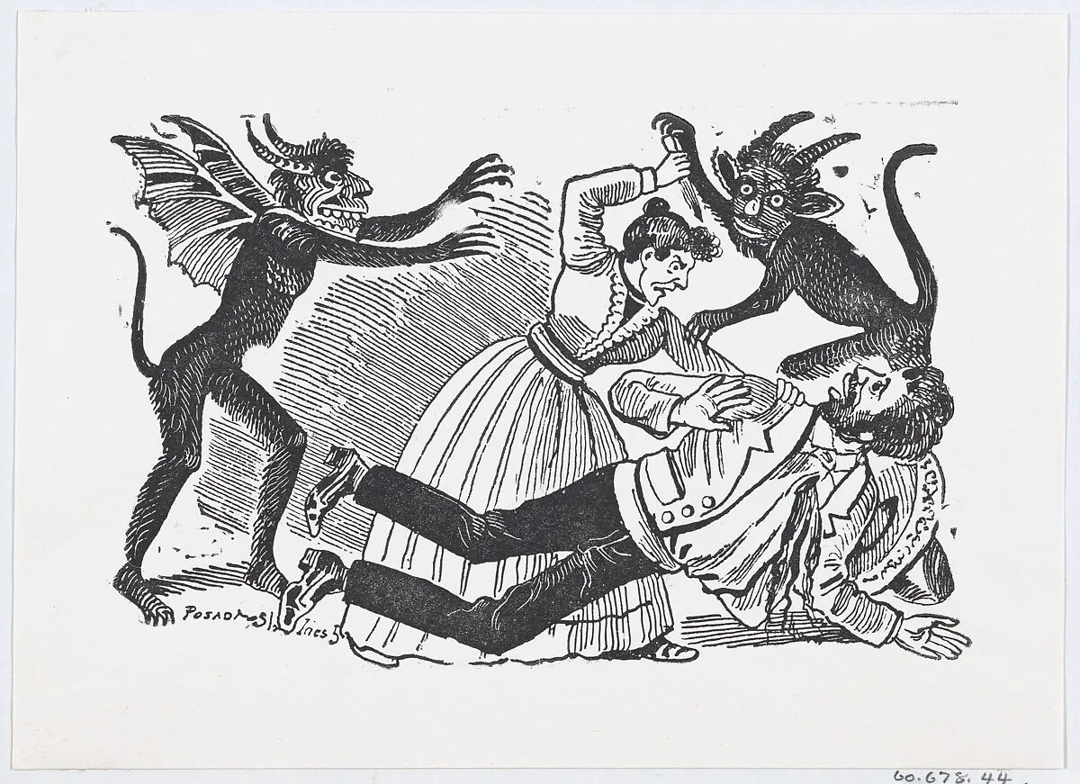 A woman surrounded by demons stabbing a man to death from a broadside entitled 'Horroroso Asesinato' — José Guadalupe Posada|José Sanchez