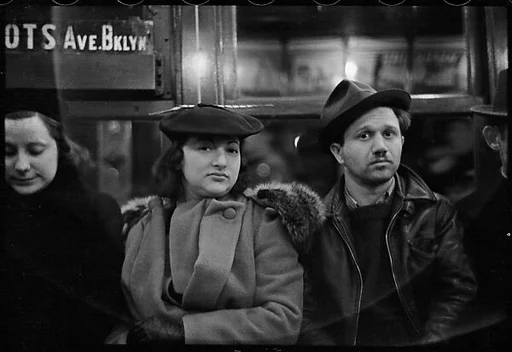 [Five 35mm Film Frames: Subway Passengers, New York City: Two Women, Man Beneath "Broadway 7th Ave Express" Sign, Man Reading Newspaper, Two Elderly Women]