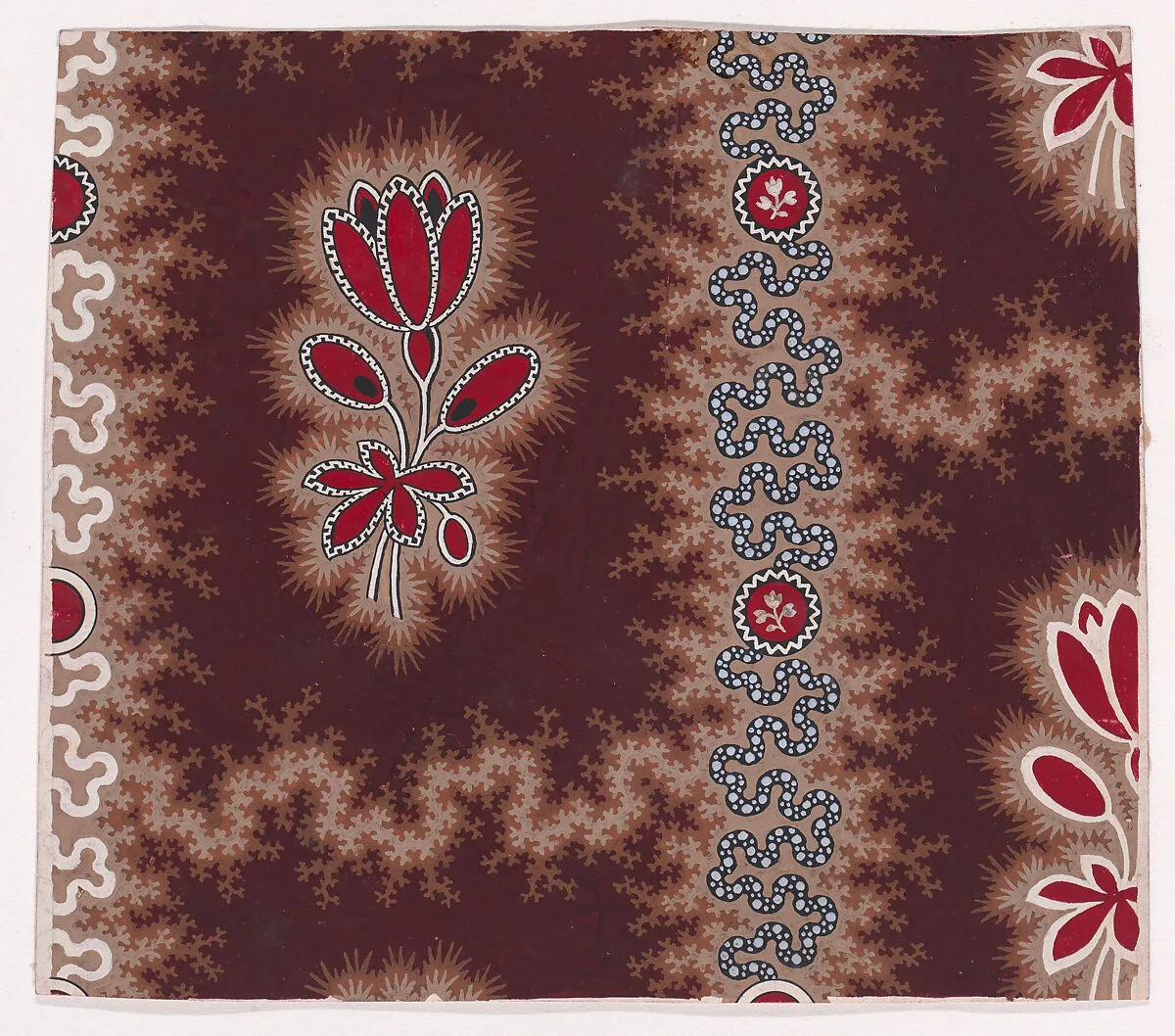 Textile Design with Vertical Rows of Bunches of Stylized Flowers and Stems with Leaves Framed by a Shade of Thorns Separated by Vertical Garlands of Branches with an Undulating Ribbon with Pearls and Small Stylized Flowers Inside a Circular Frame — Anonymous, Alsatian, 19th century