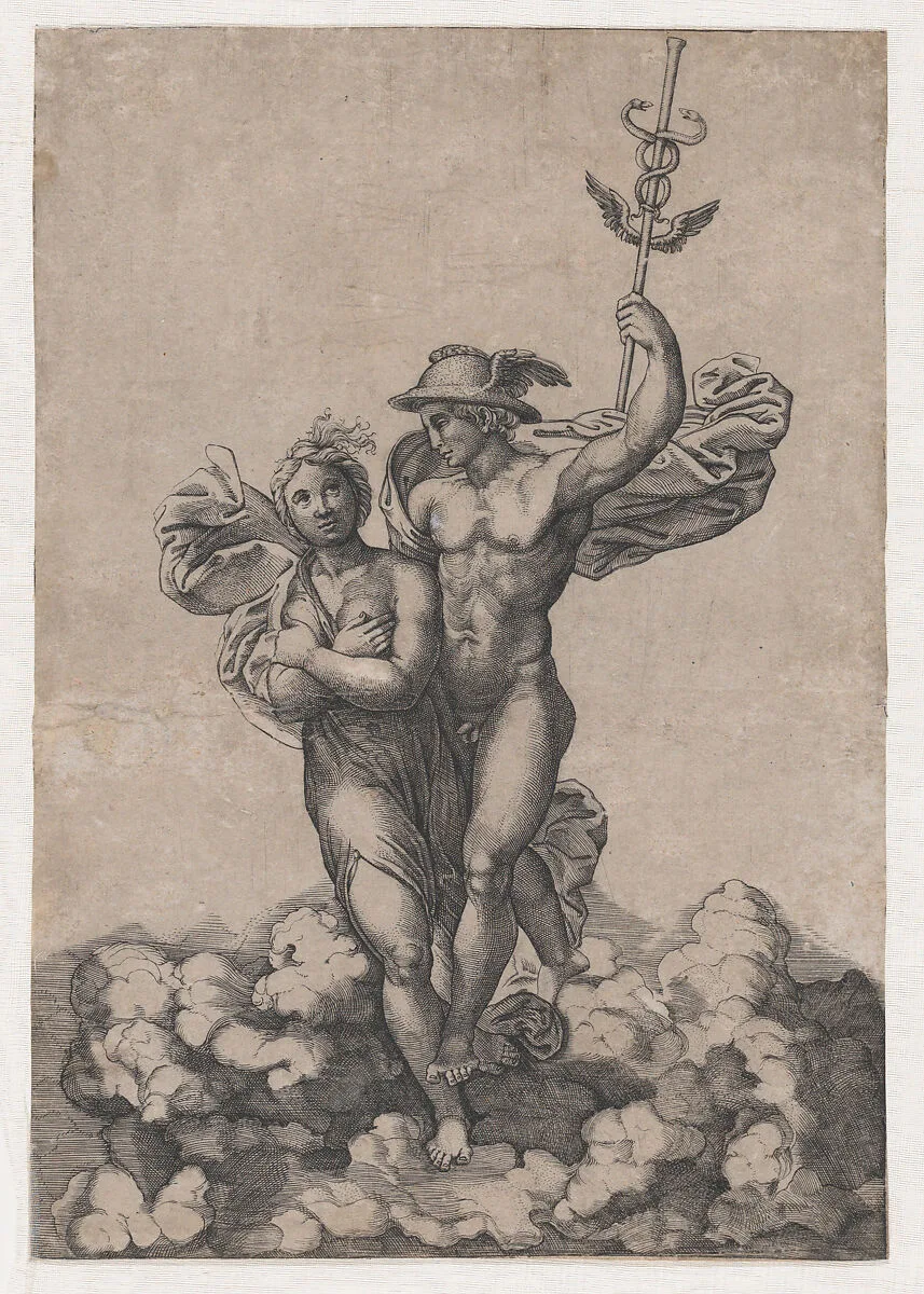 Mercury carrying Psyche to Olympus, after Raphael's composition in the Villa Farnesina, Rome — Giovanni Jacopo Caraglio|Raphael (Raffaello Sanzio or Santi)|Giulio Romano