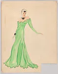 Drawing for a woman's theatrical costume with a green gown with turretted borders and jewelry with black flowers, Ziegfeld Follies 1936 — Vincente Minnelli