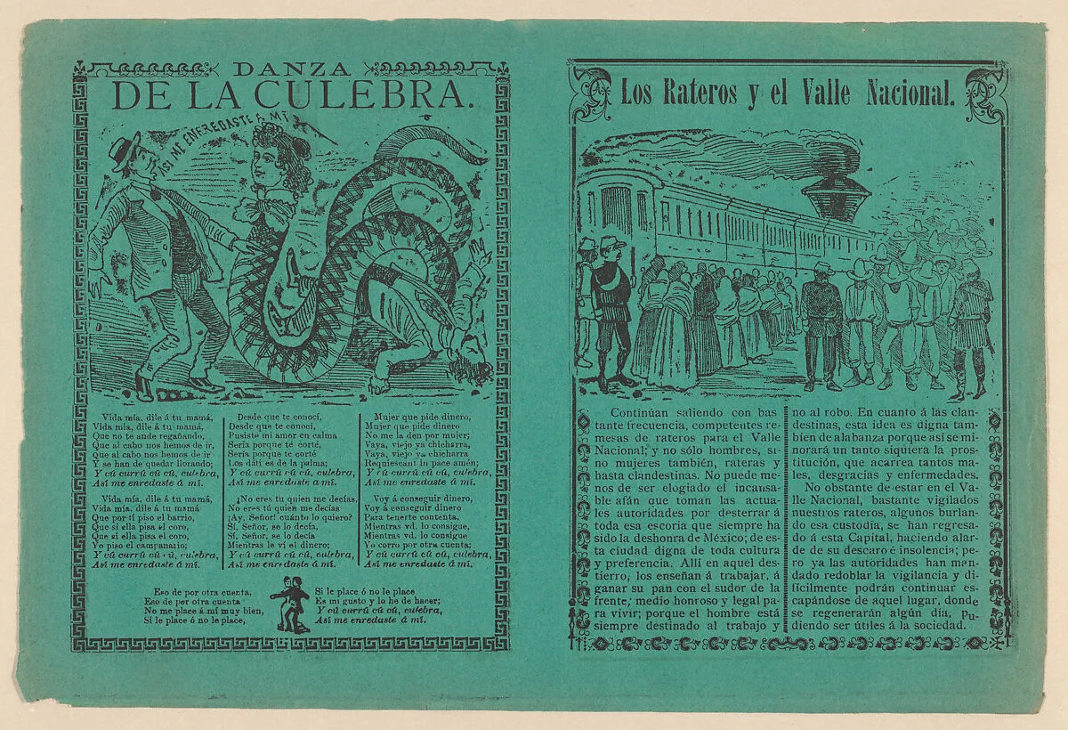 Front and back covers of a phamplet relating to a story 'The thieves and the National Valley' with illustration of indigenous men and women being herded by men in military uniforms towards a train, on the verso 'Dance of the Snake' and a corrida — Antonio Vanegas Arroyo|José Guadalupe Posada