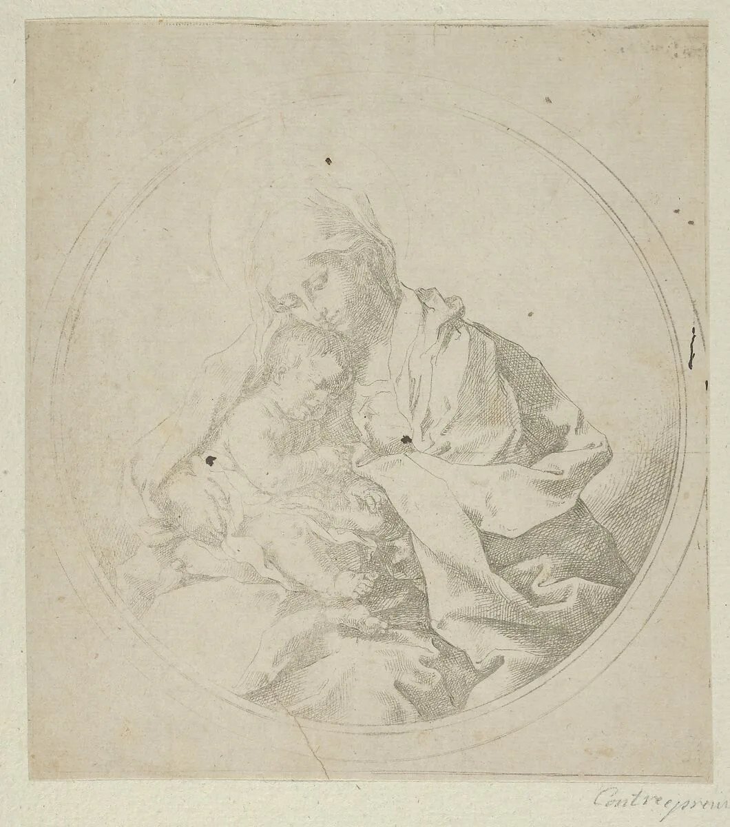 The Virgin holding the infant Christ, a circular composition, counterproof — Guido Reni