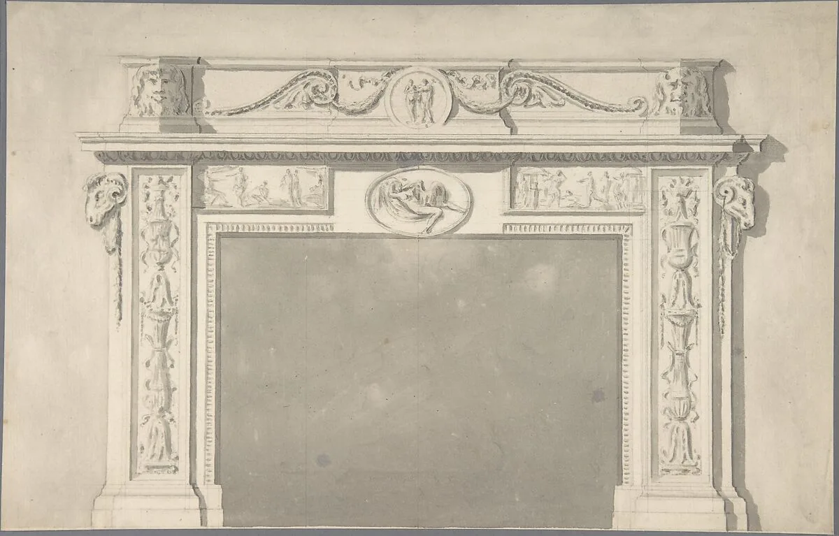 Design for a Classical Chimneypiece with Rams Heads, and Leda and the Swan. — Sir William Chambers