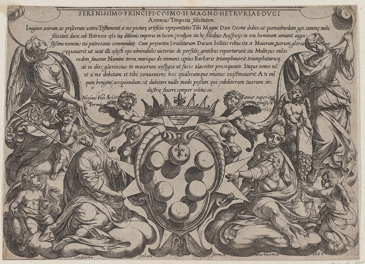 Frontispiece to 'The Battles of the Old Testament' with the arms of the Medici Crowned by Two Putti — Antonio Tempesta|Nicolaus van Aelst|Stefano Scolari