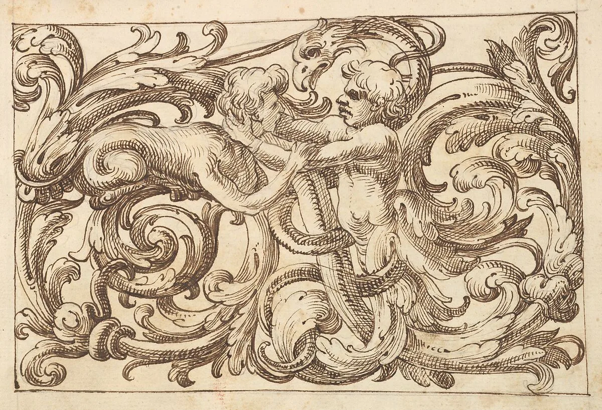 Horizontal Panel Design with a Man fighting a Sphinx and a Fantastical Creature Interspersed between Acanthus Rinceaux — Polifilo Giancarli|Anonymous, Italian, Venetian, 17th century