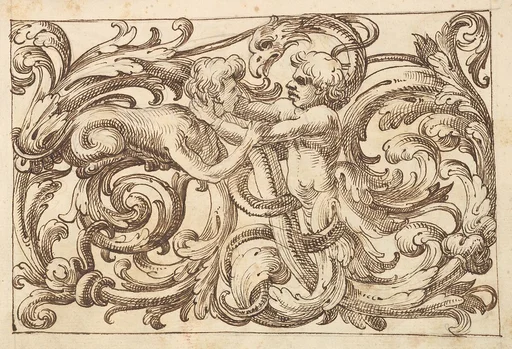 Horizontal Panel Design with a Man fighting a Sphinx and a Fantastical Creature Interspersed between Acanthus Rinceaux