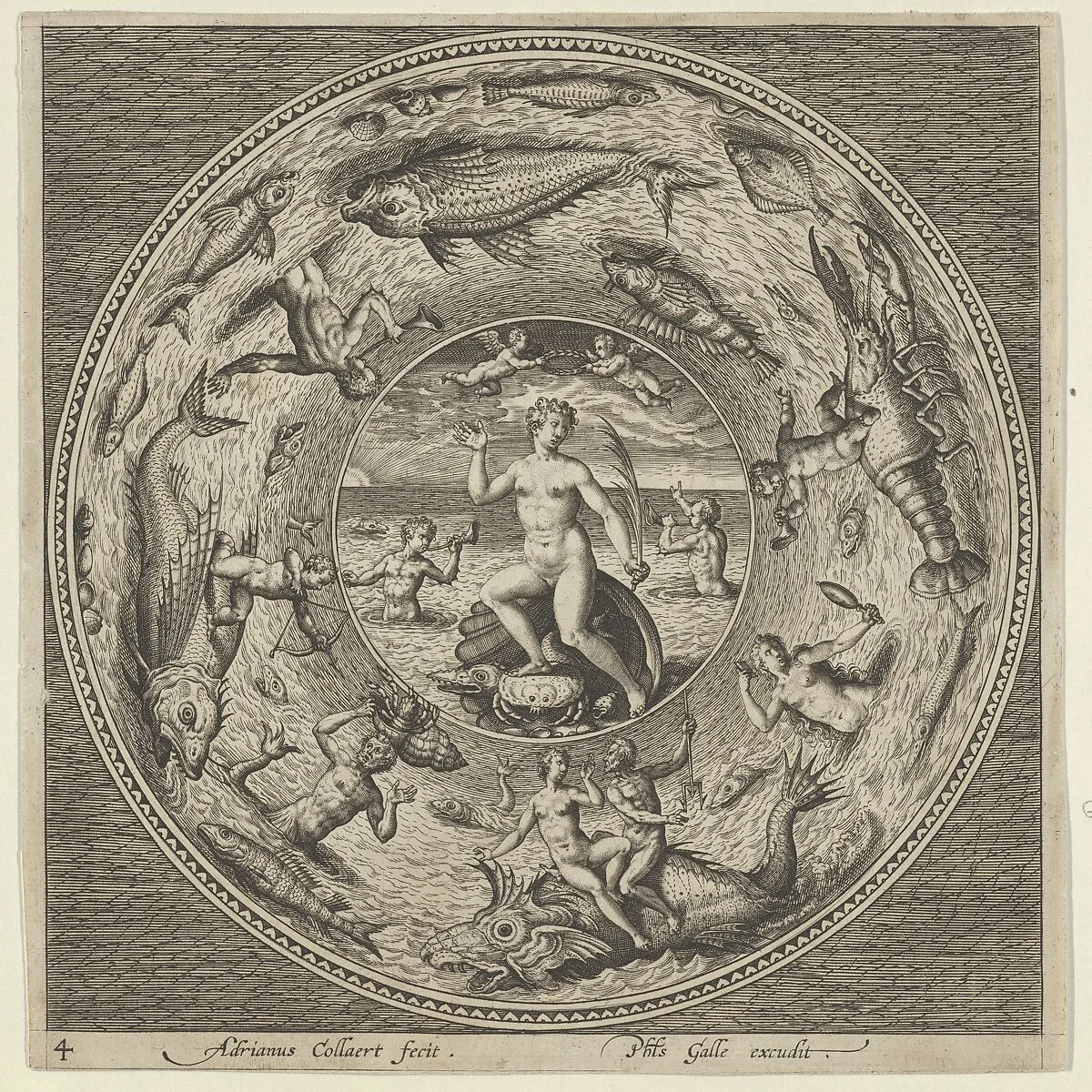 Design for a Plate with Galatea on a Shell Flanked by Trumpeters in a Medallion Bordered by Sea Monsters — Adriaen Collaert|Philips Galle