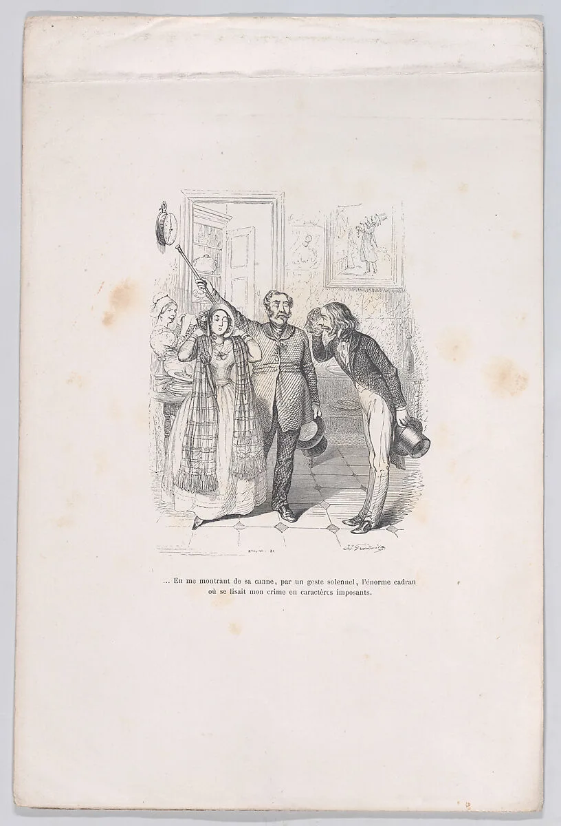 "...Pointing me to the evidence of my crime with his cane." from the Little Miseries of Human Life — Paul-Emile-Daurand Forgues|Henri Fournier|J. J. Grandville|Brugnot