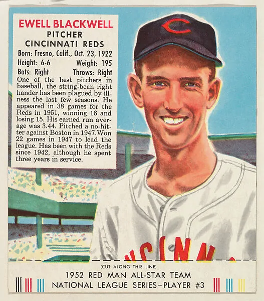 Ewell Blackwell, from the Red Man All-Star Team series (T232), issued by Red Man Chewing Tobacco — Red Man Chewing Tobacco