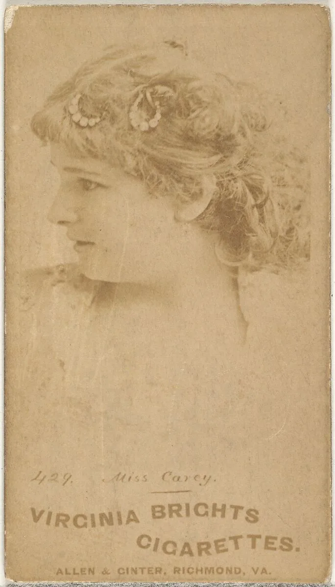 Card 429, Miss Carey, from the Actors and Actresses series (N45, Type 1) for Virginia Brights Cigarettes — Allen & Ginter