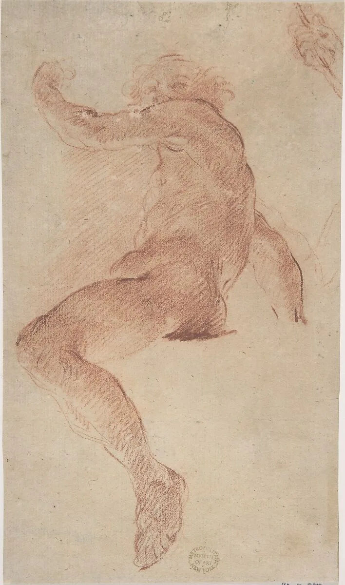 Seated Nude Male in Profile View Facing Left with Arm Raised; Fragment of Study of Right Hand — Anonymous, Italian, Bolognese, 17th century