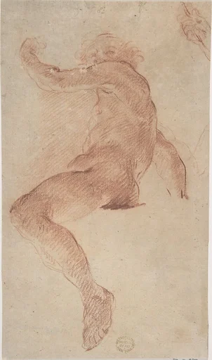 Seated Nude Male in Profile View Facing Left with Arm Raised; Fragment of Study of Right Hand