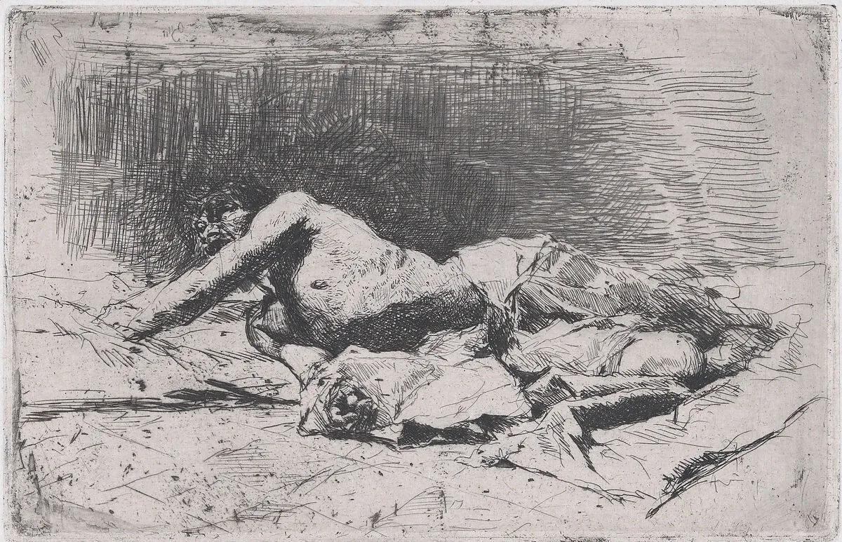 A partly naked man on the ground right arm outstretched — Mariano Fortuny, 1838–1874