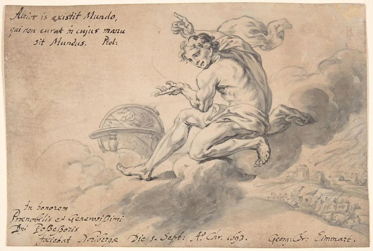 Man Sitting on a Cloud Above a Battlefield, Pointing to a Globe — Georg Christoph Eimmart the Younger
