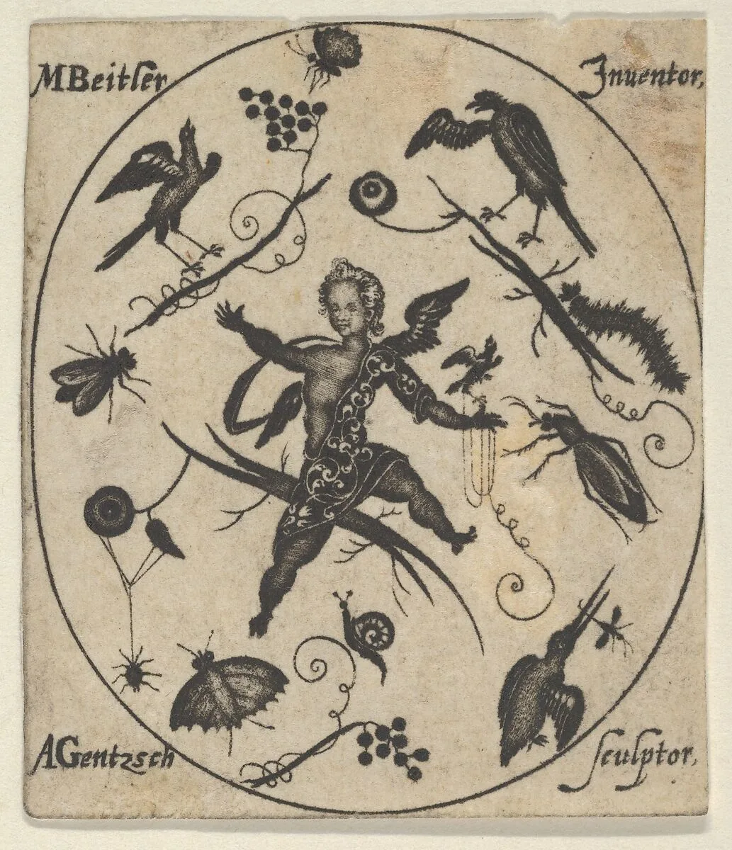 Blackwork Design for Goldsmithwork with a Putto, Birds and Insects — Mathais Beitler|Andreas Gentzsch
