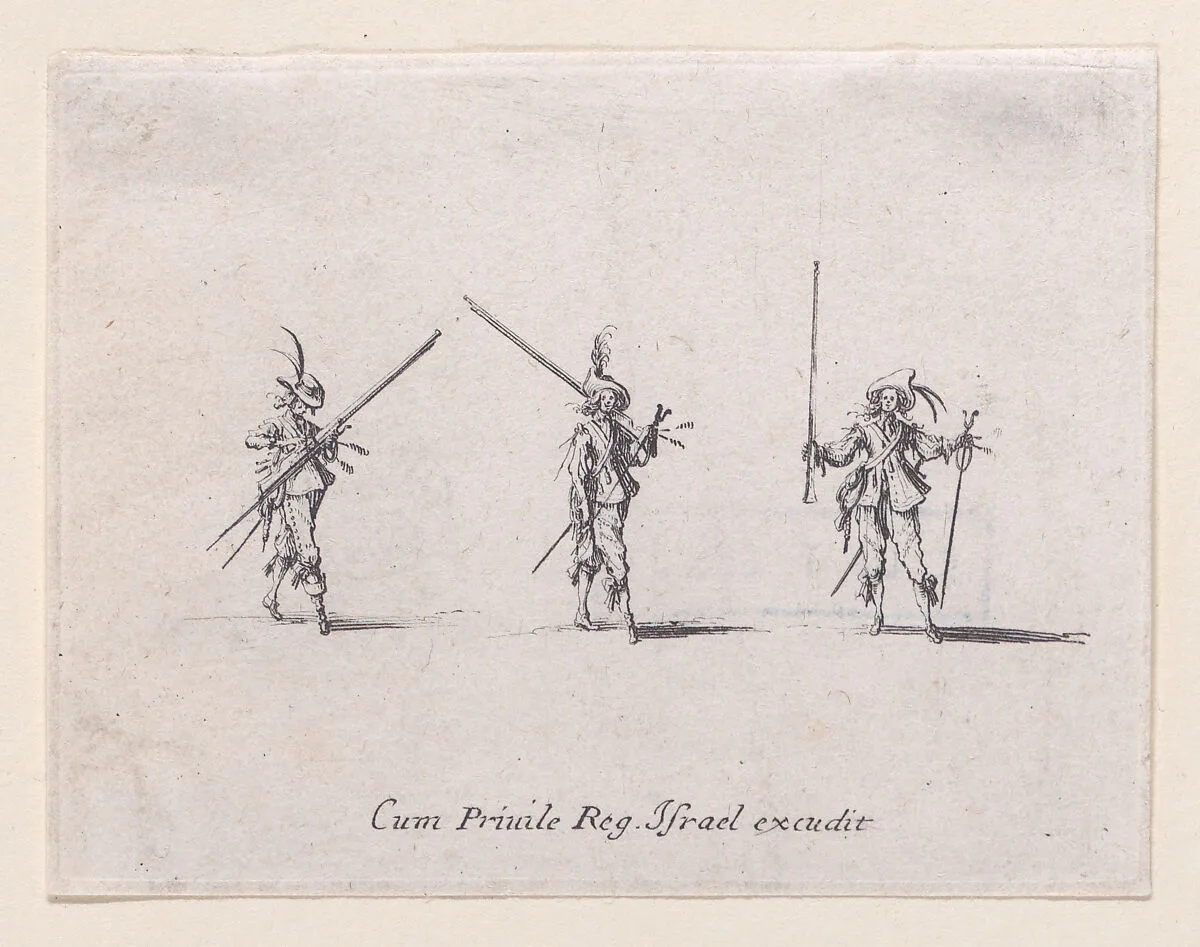 L'Exercice de L'Arquebuse: Le Chargement (Drill of the Arquebus: The Loading), from Les Exercices Militaires (The Military Exercises) — Jacques Callot|Israël Henriet