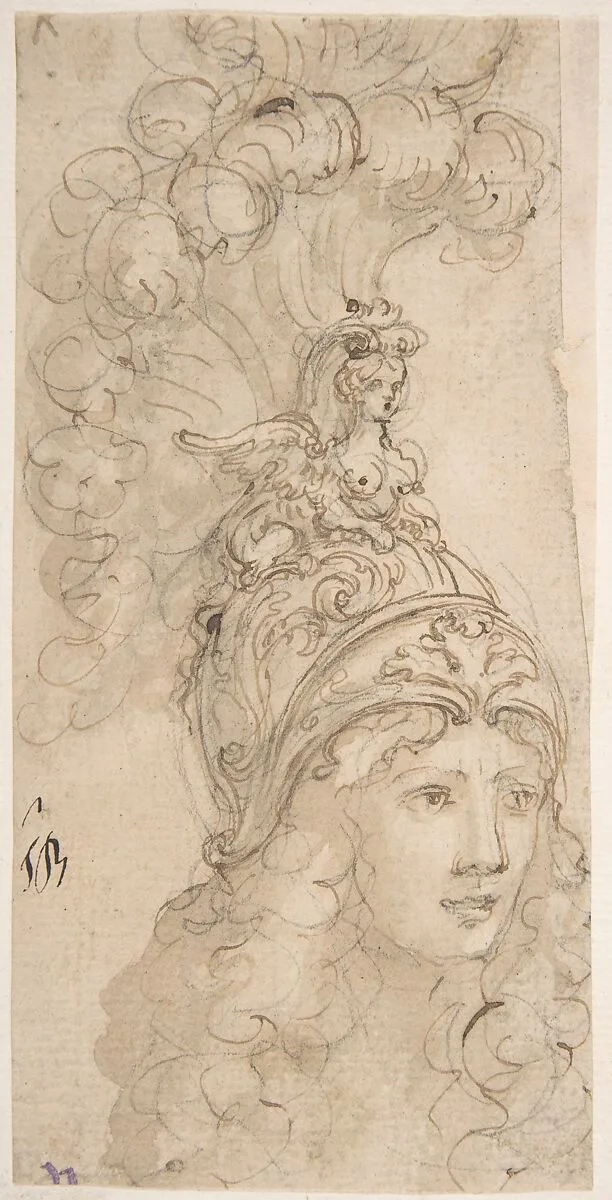 Design for a Helmet with a Sphinx presented in 3/4 View — Giovanni Battista Foggini