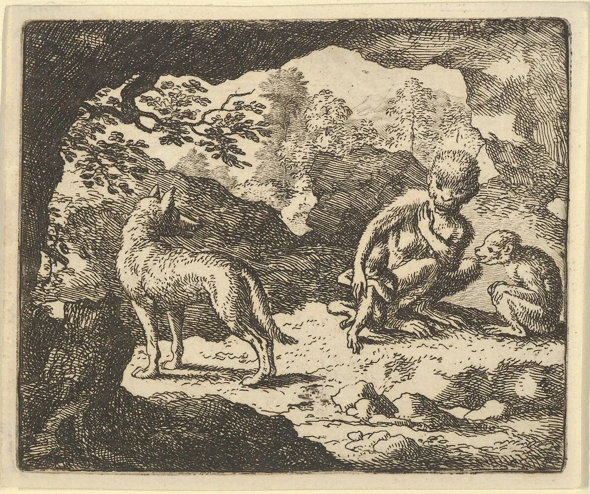 The Wolf in in the She-Monkey's Cave Where the Renard Convinced Him to Enter in Order to Make Fun of Him from Hendrick van Alcmar's Renard The Fox — Allart van Everdingen