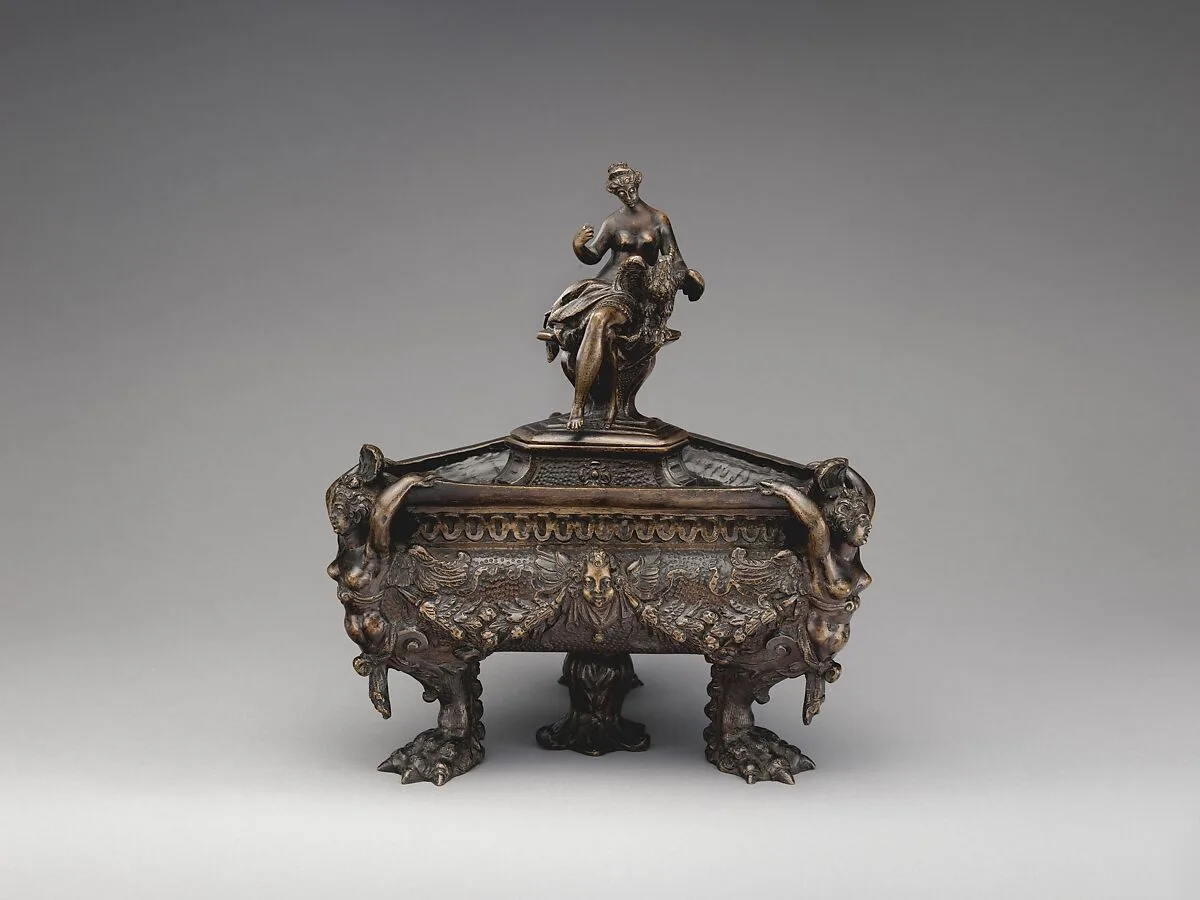 Inkwell (one of a pair) surmounted by finial figure representing vigilance — Unknown