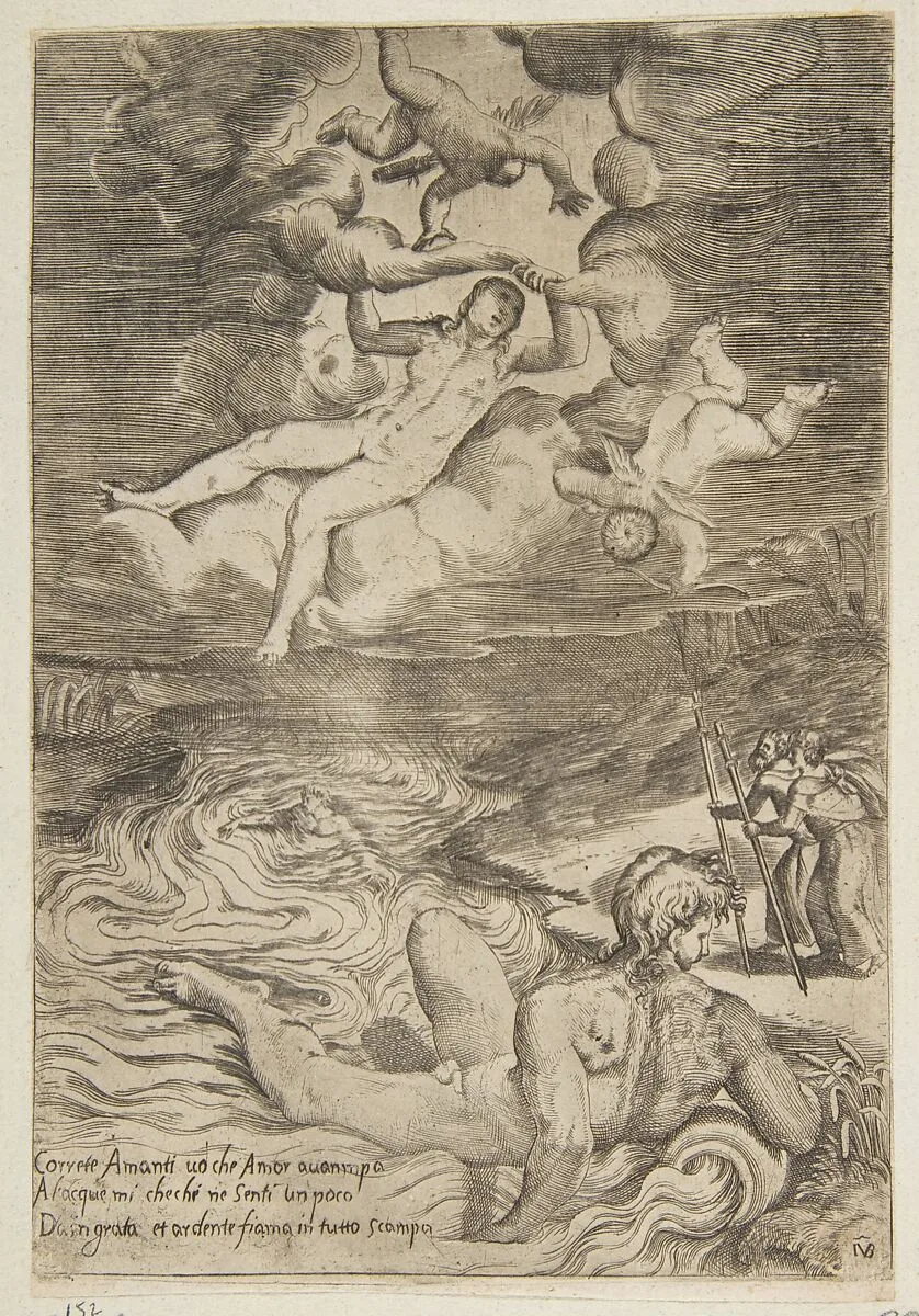 Venus tumbling with putti in the clouds, from "The Loves of the Gods" — Giulio Bonasone