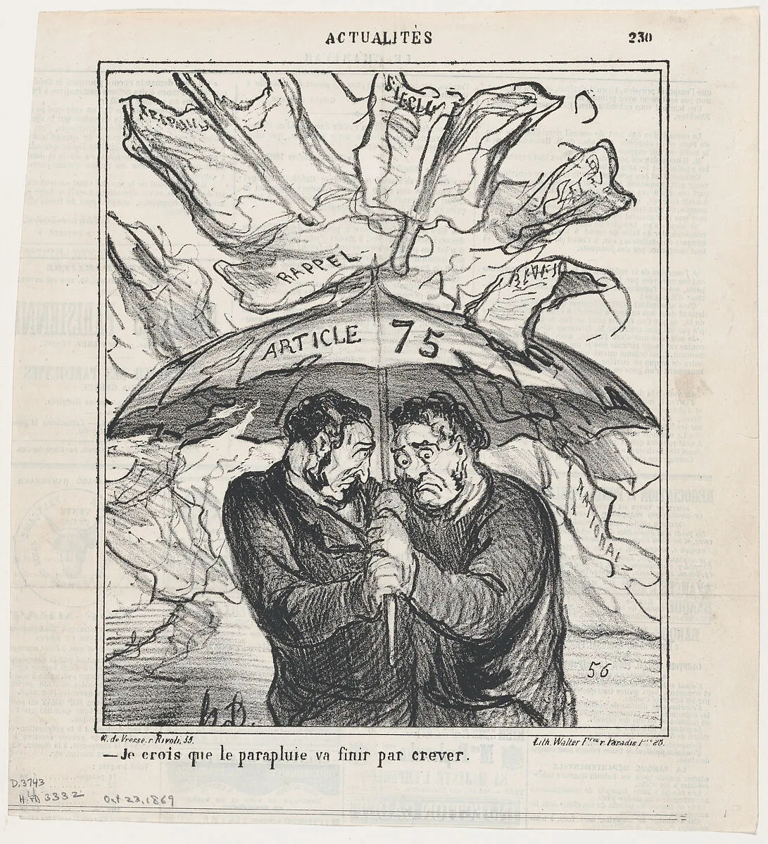 I think this umbrella is going to collapse pretty soon, from 'News of the day,' published in Le Charivari, October 23, 1869 — Honoré Daumier|Arnaud de Vresse|Walter Frères
