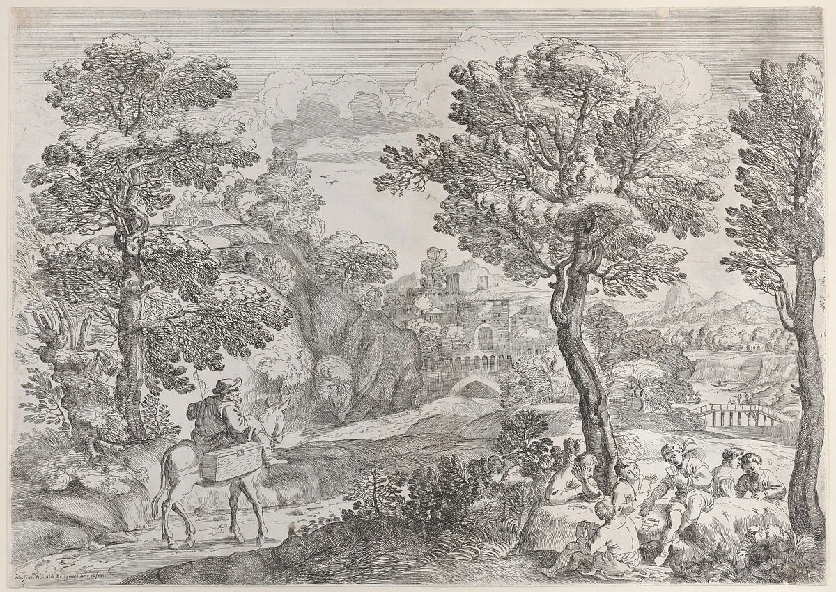 A group of people playing cards at right and a man on horseback at left — Giovanni Francesco Grimaldi