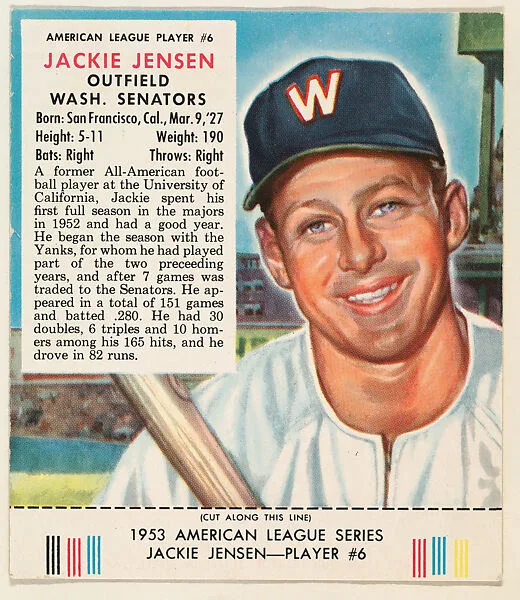 Jackie Jensen, from the Red Man All-Star Team series (T233), issued by Red Man Chewing Tobacco — Red Man Chewing Tobacco